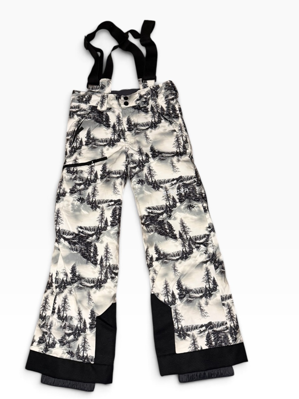Spyder Black & White Tree Line Print Ski Pants with Removable Suspenders-Boys 10